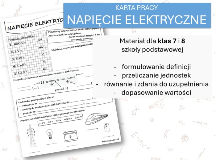 Fizyka 7 i 8. Karta pracy. NAPIĘCIE ELEKTRYCZNE. Prąd elektryczny.