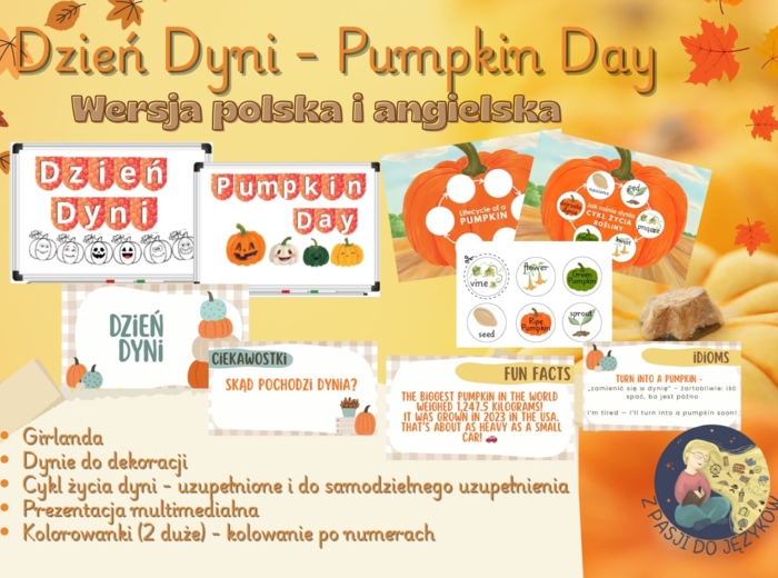 Zestaw Dzień dyni, Pumpkin Day, po polsku i angielsku. Girlanda, prezentacja, karty pracy, kolorowanie po numerkach, ciekawostki.