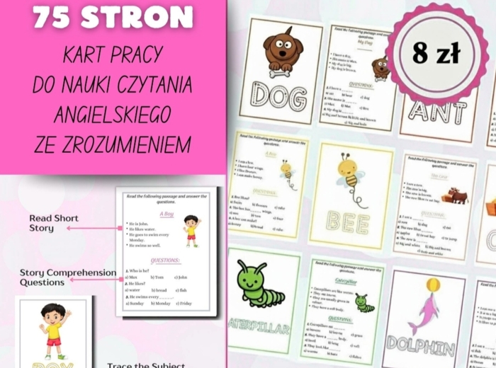 Karty Pracy do nauki czytania w języku angielskim ze zrozumieniem! 75 stron