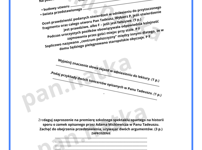 Pan Tadeusz - arkusz zadaniowy