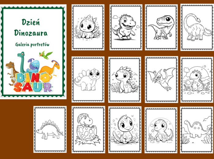 DZIEŃ DINOZAURA – Galeria portretów – kolorowanka – kolorowanki – biblioteka – świetlica – przedszkole – 27 wersji