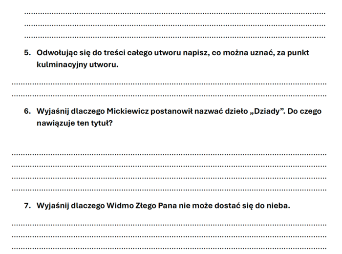 "Dziady" cz. II - kartkówka z treści i problematyki