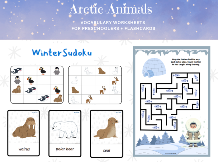 Winter Artic Animals Worksheet Set + Flashcards- zwierzęta arktyczne, karty pracy dla przedszkolaka, ucznia zerówki przedszkolnej, I spy, sudoku, labirynt, karty obrazkowe , język angielski