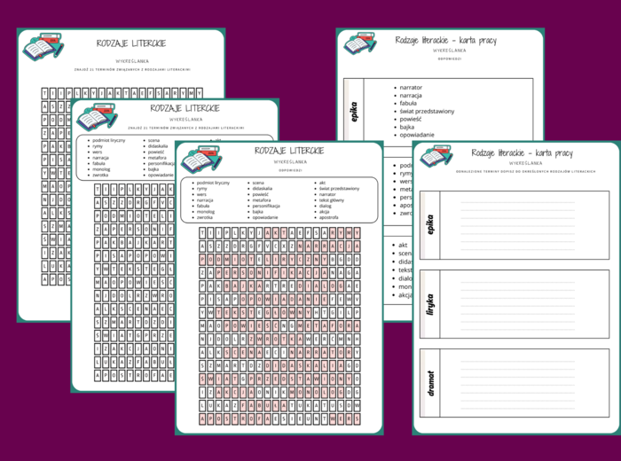 RODZAJE LITERACKIE - wykreślanka - EPIKA - LIRYKA - DRAMAT - karta pracy - powtórka - egzamin + odpowiedzi