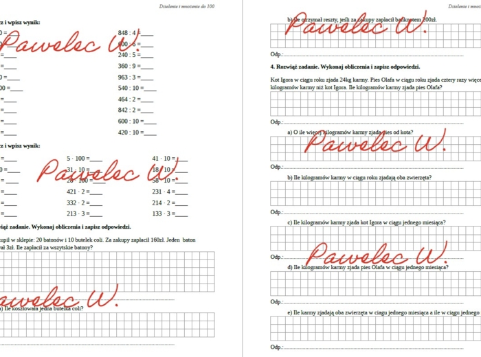 Dzielenie i mnożenie w zakresie 100 - karta pracy, sprawdzian, przykłady + zadania tekstowe - kl. 3, kl. 4