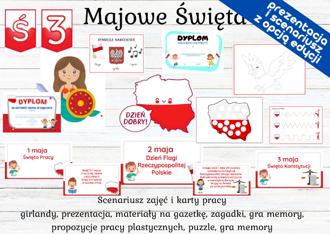 Święta Majowe, 1 maja Święto Pracy, Międzynarodowy Dzień Solidarności Ludzi Pracy, Dzień Flagi Rzeczypospolitej Polskiej, Święto Konstytucji 3 Maja
