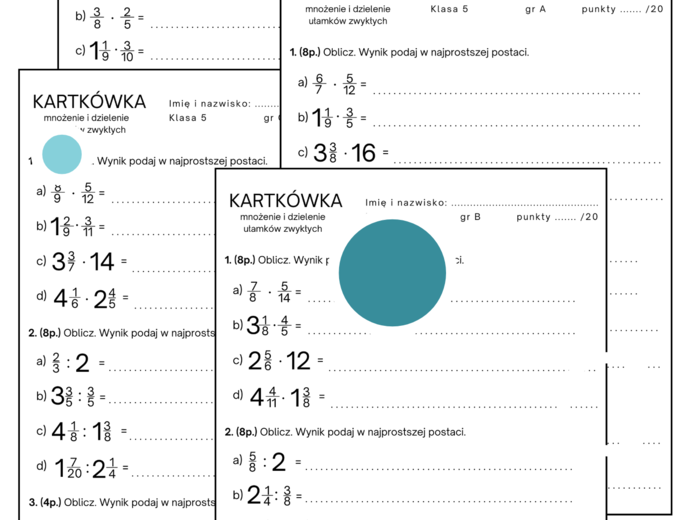 Kartkówka - mnożenie i dzielenie ułamków zwykłych. Klasa 5