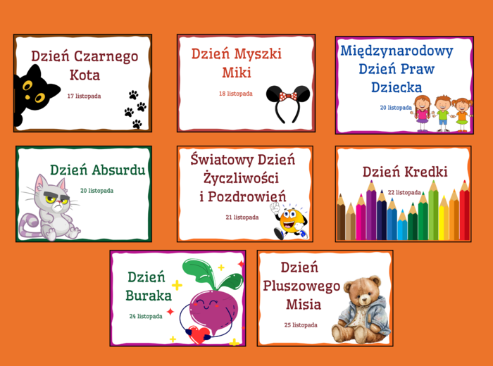 ŚWIĘTA TYPOWE I NIETYPOWE – LISTOPAD – napisy – gazetka – dekoracja – BIBLIOTEKA – świetlica - przedszkole 17 stron