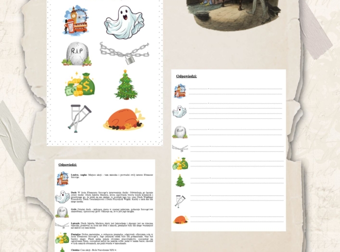 Ikony (obrazki, symbole) + odpowiedzi "Opowieść wigilijna" Charles Dickens, język polski, egzamin ósmoklasisty, lektura obowiązkowa klasa 7-8