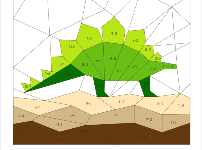 Kolorowanka matematyczna, dodawanie i odejmowanie od 1 do 10, dzień dinozaura, prehistoria, matematyka i sztuka.