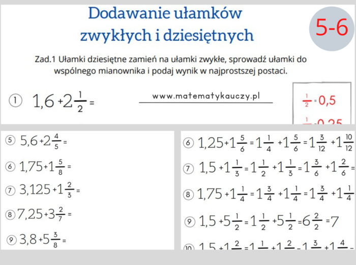 Dodawanie ułamków zwykłych i dziesiętnych / KARTY PRACY kl.5 – kl.6 PDF + ROZWIĄZANIA