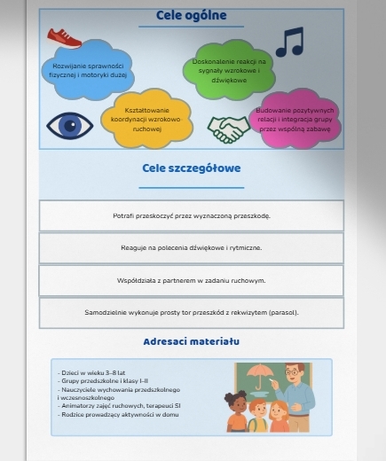 Zabawy ruchowe w sali: „Skacz po kałużach” (z niebieskich kartek), tor przeszkód z parasolem