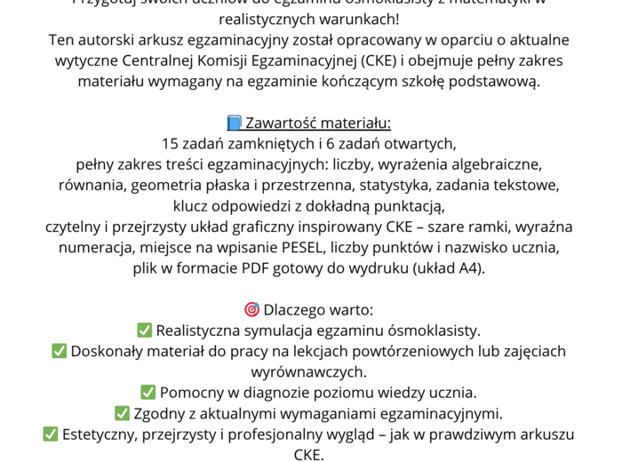 Arkusz do Egzaminu Ósmoklasisty z matematyki - autorski arkusz wraz z odpowiedziami i punktacją