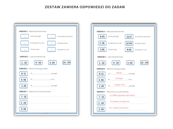Telling the time - godziny po angielsku, podawanie czasu, karty pracy, ćwiczenia, zegar analogowy i cyfrowy, pełen zakres minutowy, czas na świecie, CLIL, liczby 1-30
