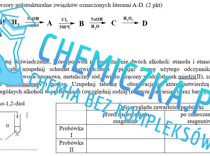Alkohole, kartkówka gr. A i B, karty pracy z odpowiedziami i schematem oceny