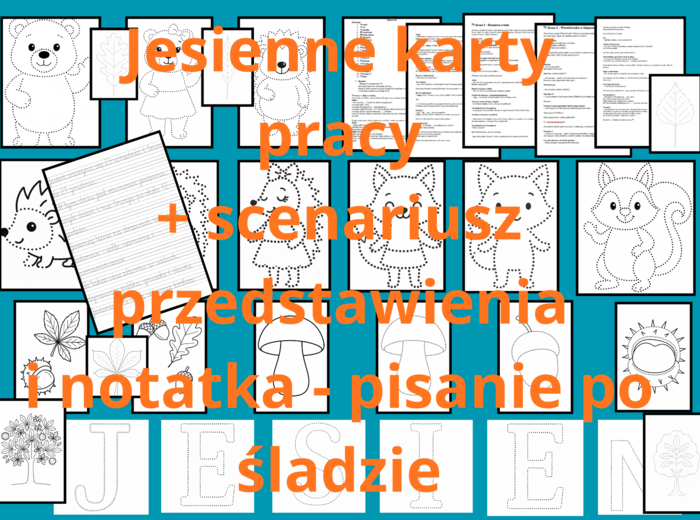 36 jesiennych kart pracy - grafomotoryka, terapia ręki + scenariusz jesiennego przedstawienia i notatka o jesieni do pisania po śladach