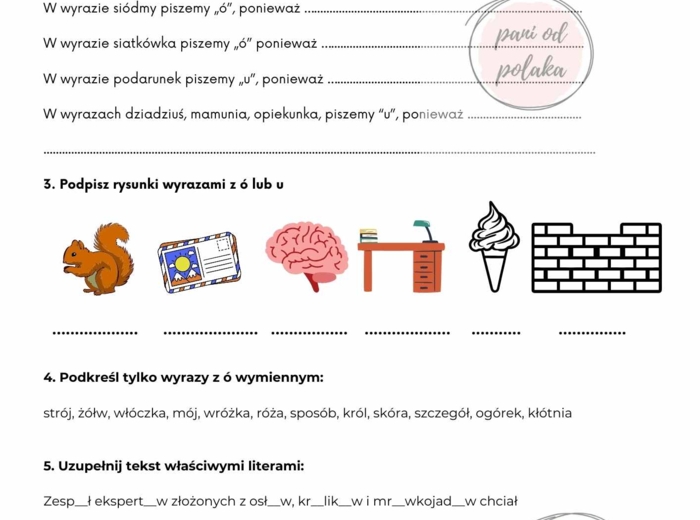 Kartkówka ortograficzna - ó i u, klasa 4