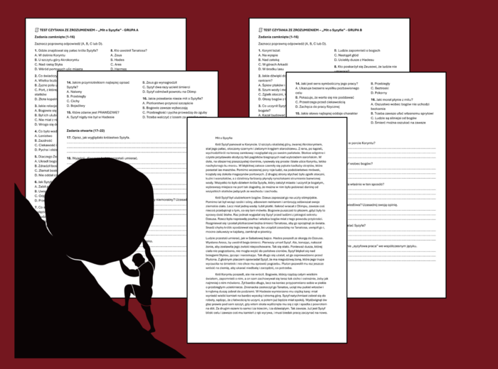 🧠 Test - CZYTANIE ZE ZROZUMIENIEM - 2 grupy – 🌟MIT O SYZYFIE - mitologia – klasa 5–6 + odpowiedzi