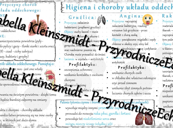 Sketchnotka - notatka „Higiena i choroby układu oddechowego” wykonana w power point do edycji. Biologia 7; „Układ oddechowy”