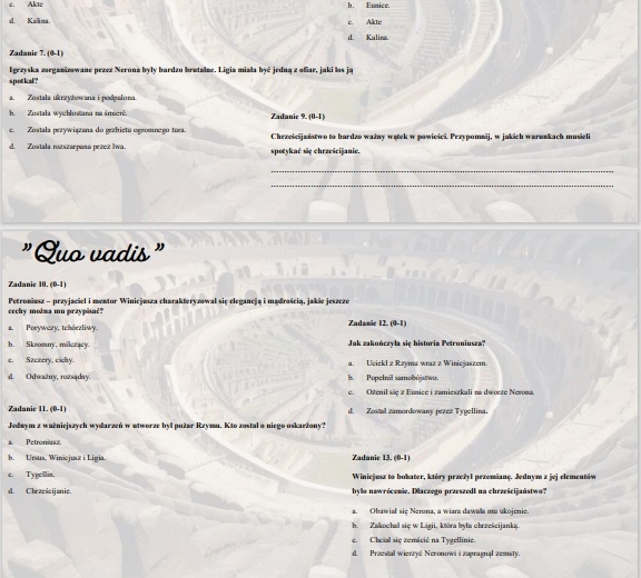 Test wprowadzający/powtórzeniowy z lektury "Quo vadis"