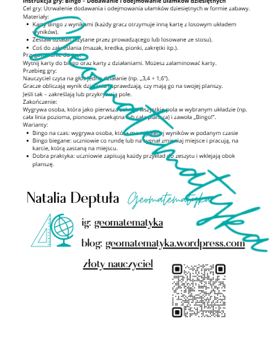 Bingo "Dodawanie i odejmowanie ułamków dziesiętnych"