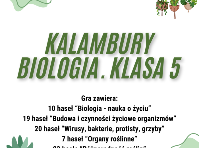 Biologia. Klasa 5. Kalambury. Gra edukacyjna. 79 haseł/pojęć pochodzących z każdego działu.