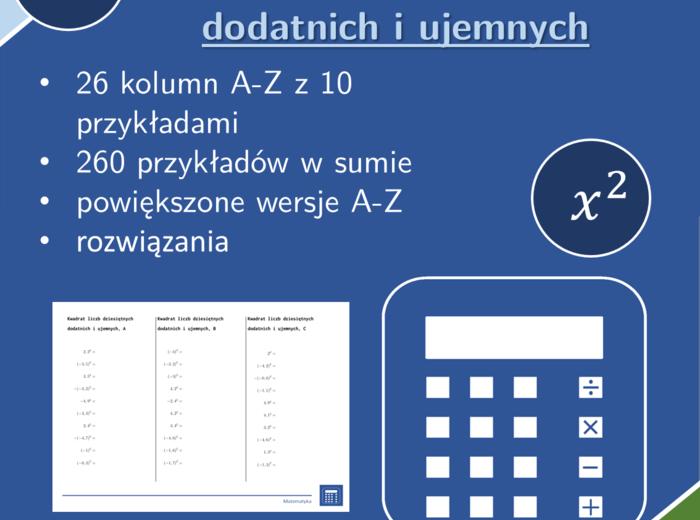 Kwadrat liczb dziesiętnych dodatnich i ujemnych | matematyka | 26 kolumn