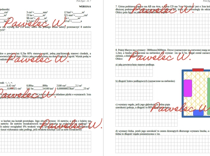 POLA FIGUR, zamiana jednostek - karta pracy, sprawdzian - kl. 7, dwie grupy/wersje + odpowiedzi