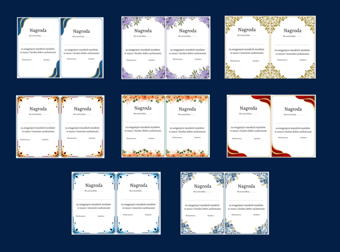 NAGRODA - wkładka do książki - dyplom - dyplomy - 8 wersji - zakończenie roku szkolnego