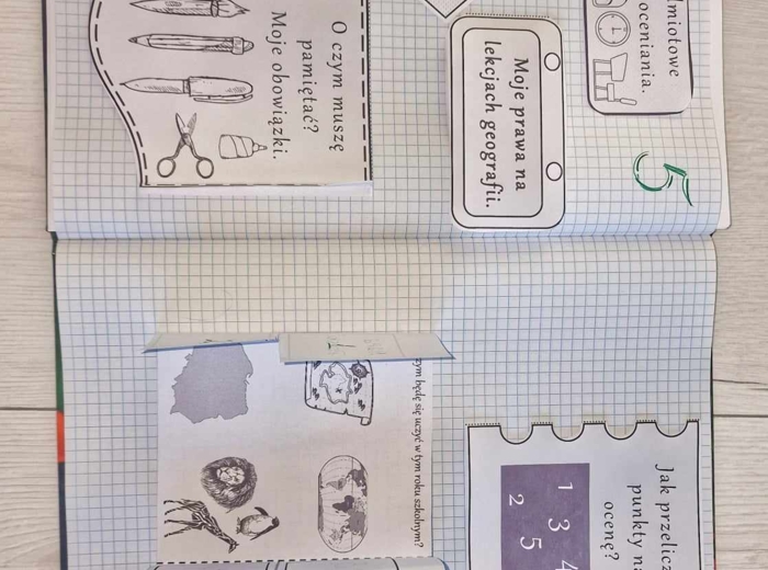 Przedmiotowe zasady oceniania (PZO) z geografii (klasa 5). Interaktywna notatka do wycinania, zginania i wypełniania przez ucznia.