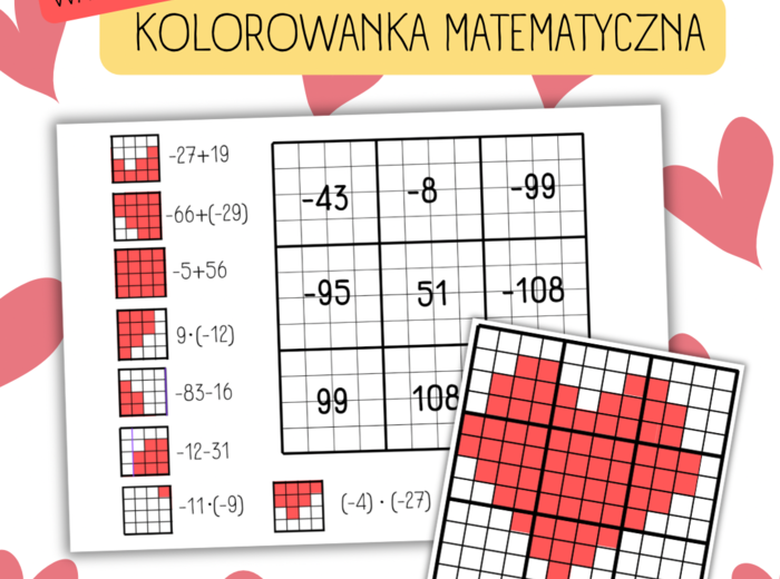 WALENTYNKOWA KOLOROWANKA MATEMATYCZNA - działania na liczbach całkowitych. [dodawanie, odejmowanie, mnożenie, dzielenie]