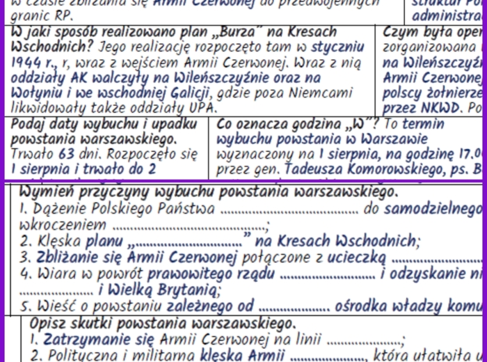 ,,Burza” – ogólnopolska akcja bojowa AK i powstanie warszawskie: notatki i karta pracy