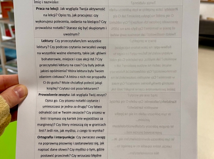 TABELKA Z SAMOOCENĄ UCZNIA - język polski