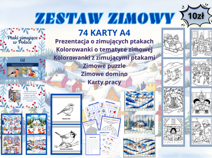 Zestaw zimowych kart pracy dla przedszkolaków. Ptaki zimujące w Polsce