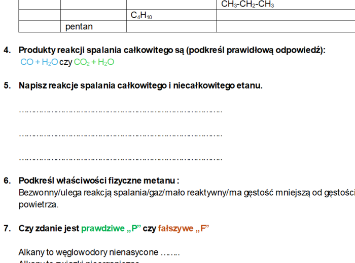 Karta pracy / kartkówka ALKANY