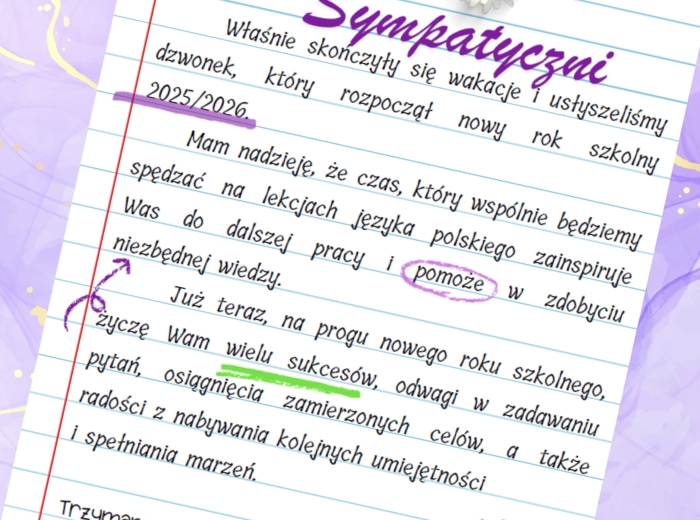 List polonistki do uczniów - początek roku szkolnego 2025, wklejka do zeszytu