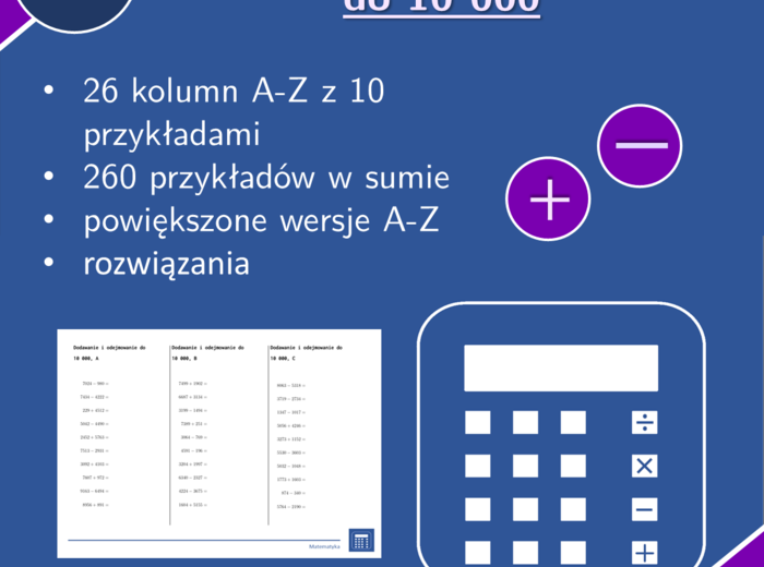 Dodawanie i odejmowanie do 10 000 | matematyka | 26 kolumn
