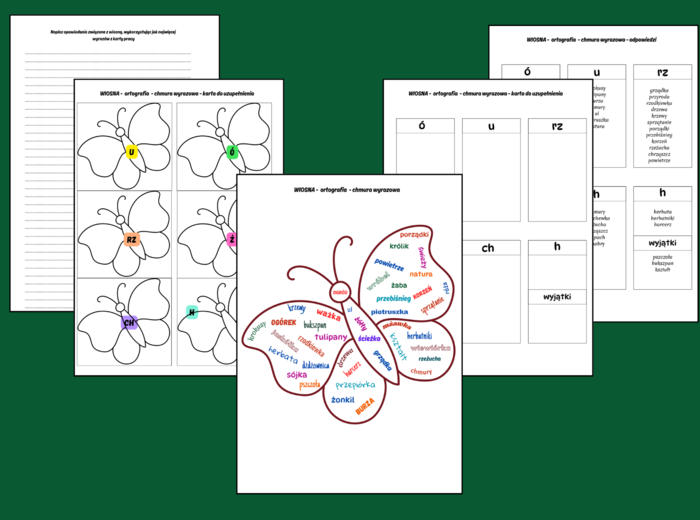 WIOSNA – CHMURA WYRAZOWA – ORTOGRAFIA – karta pracy – opowiadanie – wklejka + ODPOWIEDZI