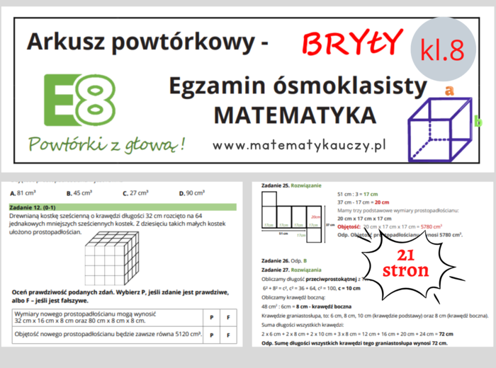 ARKUSZ POWTÓRKOWY kl. 8 – BRYŁY + odpowiedzi / Wymagania na 2025 rok