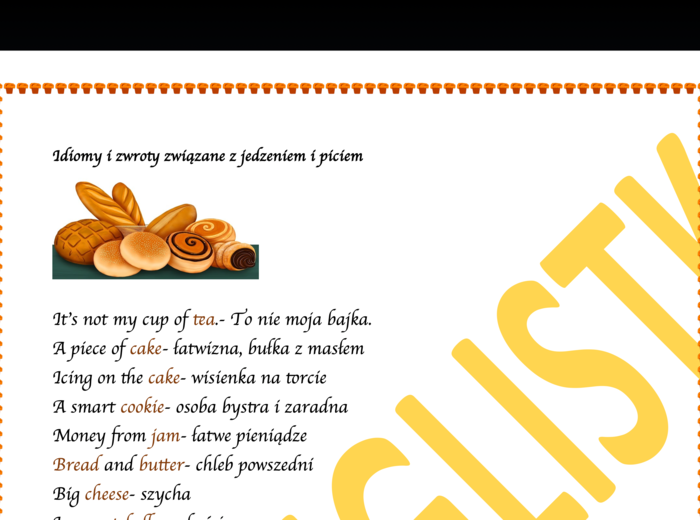 Idiomy i zwroty związane z jedzeniem i piciem- lista z tłumaczeniem na j. polski