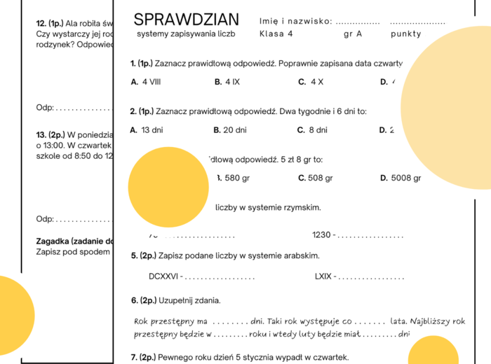 Sprawdzian - systemy zapisywania liczb. Klasa 4. GWO
