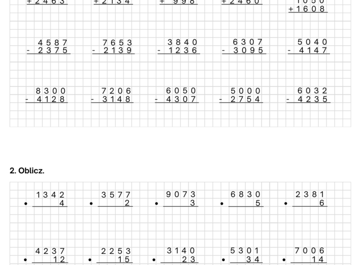Zestaw powtórzeniowy - dział III działania pisemne. Klasa 4. GWO
