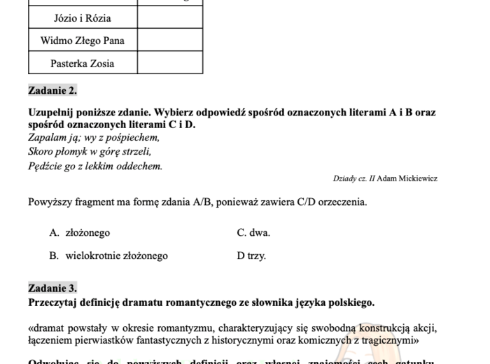 "Dziady cz. II" - zadania egzaminacyjne
