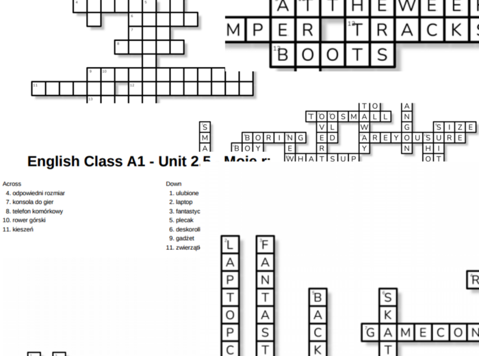 English Class A1 – Unit 2 – krzyżówki – Ubrania/Moje rzeczy/Przymiotniki_Out of class