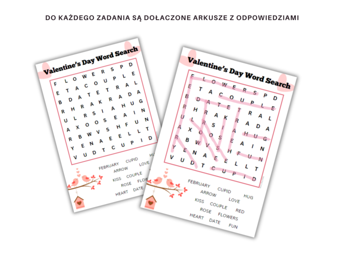 Valentine's Day Vocabulary - Angielski na Waletynki, zestaw 4 kart pracy do ćwiczenia słownictwa związanego z miłością, związkami i walentynkami + dodatkowa gra memory z 18 słówkami