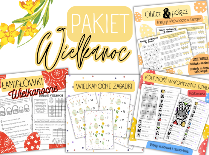 Pakiet materiałów - WIELKANOC - tabliczka mnożenia / liczby całkowite / łamigłówki / zagadki / kodowanka / kolejność działań