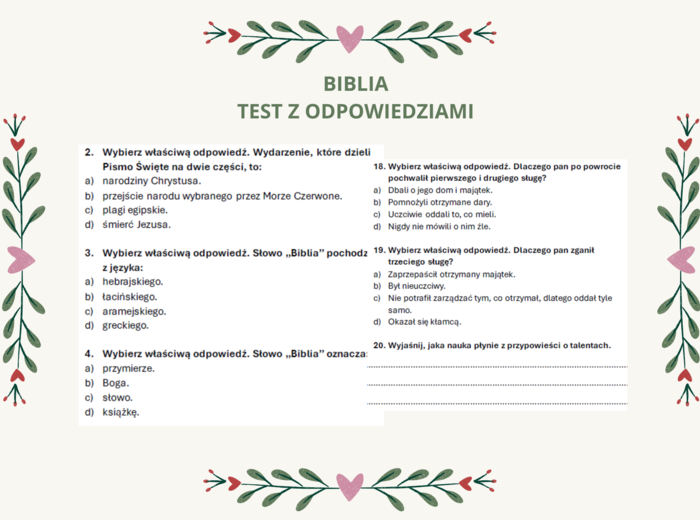 BIBLIA - test z odpowiedziami (szkoła podstawowa)