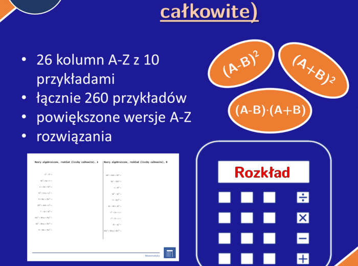 Wzory algebraiczne, rozkład (liczby całkowite) | matematyka, algebra | 26 kolumn