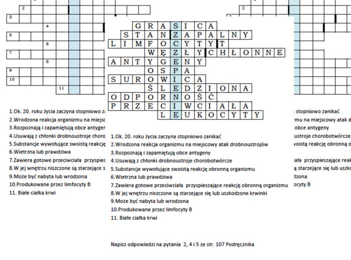 Logogryf na podsumowanie lekcji o budowie i funkcjonowaniu układu odpornościowego