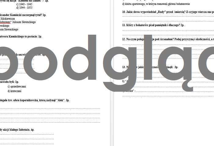 "Kamienie na szaniec" - kartkówka, test ze znajomości lektury